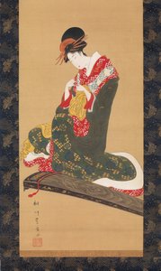 Mulher colocando palhetas de dedo para tocar o Koto, início do século 19.