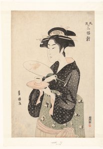 Retrato da garçonete Okita. Tríptico de belezas elegantes Furyu sampukutsui (título do objeto) de Utagawa Toyokuni (I)