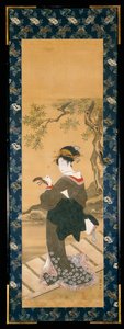Um retrato de corpo inteiro de uma mulher afinando seu shamisen em uma varanda (sumi, gofun e cores em seda); de Utagawa Toyokuni