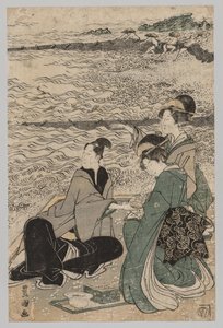 Homem e duas mulheres na costa do mar, 1769-1825. de Utagawa Toyokuni