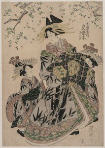 A cortesã Katakoshigi de Maruebiya com seus Kamuro Ageha e Midori, c. 1805. de Utagawa Toyokuni