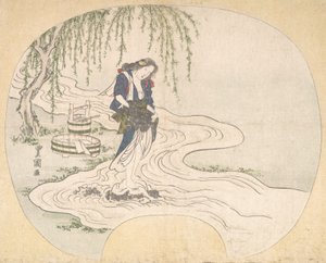 Uma mulher fica em cima de uma rocha em uma lavanderia, ca. 1828.
