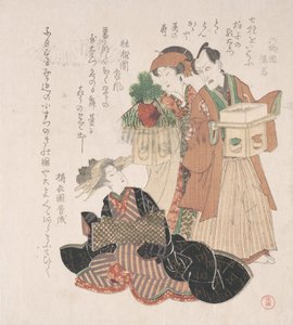 Ator Nakamura Utaemon com duas mulheres se preparando para a cerimônia de Ano Novo, século XIX. de Utagawa Toyokuni I