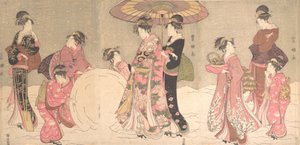 Cortesãs e atendentes fazendo uma bola de neve gigante, ca. 1796.