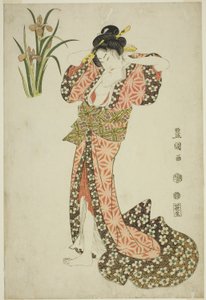 Íris: beleza arrumando o cabelo, de uma série sem título de belezas e flores de Utagawa Toyokuni I