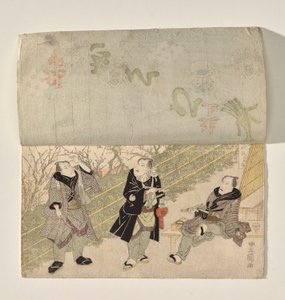 Palco Kabuki com elevação de cortina para revelar três actores Kabuki de Utagawa Toyokuni I