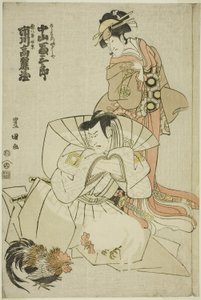 Os atores Ichikawa Komazo III como Akuhachiro Tokikage e Nakayama Tomisaburo I como Yushide, a irmã de Rokurozaemon, na peça "Hana to Mimasu Yoshino no Miyuki", apresentada no Teatro Nakamura no décimo primeiro mês de 1798 de Utagawa Toyokuni I