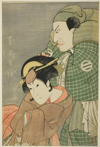 Os atores Kataoka Nizaemon VII como Iyo no Taro e Iwai Hanshiro IV como Kojoro-gitsune de Okazaki na peça "Seiwa Nidai Oyose Genji", apresentada no Teatro Miyako no décimo primeiro mês de 1796 de Utagawa Toyokuni I