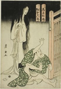 Os atores Onoe Matsusuke I como o fantasma da ama de leite Iohata e Matsumoto Kojiro como Mokuemon, na peça "Tokubei of India: Tales of Strange Lands (Tenjiku Tokubei ikoku banashi)" de Utagawa Toyokuni I