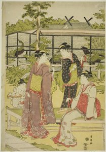 Mulheres visitando a casa de chá de pássaros e flores (Kachojaya)