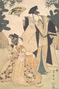 Jovem senhora com tambor e homem com leque saudando-a. de Utagawa Toyokuni I