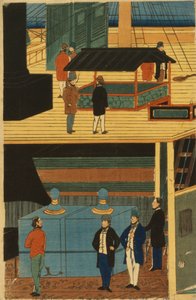 Um navio a vapor americano com grupo de passageiros abaixo do convés e atividades no convés de Utagawa Yoshikazu