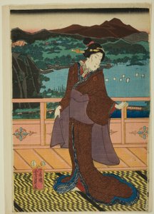 As oito vistas do Lago Biwa ao entardecer (Omi Hakkei Moku) de Utagawa Yoshikazu