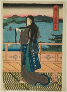 As oito vistas do Lago Biwa ao entardecer (Omi Hakkei Moku) de Utagawa Yoshikazu