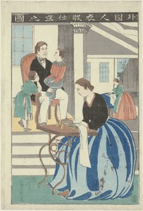 Mulher ocidental atrás de uma máquina de costura
Gaikokujin ifuku shitate no zu (título sobre o objecto)
Imagem de um estrangeiro a fazer roupa de Utagawa Yoshikazu