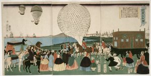 Balonismo na América, pub. 1865 (xilogravura de cor manual) de Utagawa Yoshitora