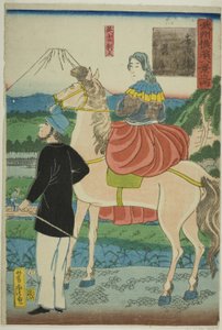 Inglês Observando Gansos Descendentes na Ponte Yoshida (Yoshida-bashi no rakugan, Igirisujin) , da série "Eight Views of Yokohama in Musashino Province (Bushu Yokohama hakkei no uchi)" de Utagawa Yoshitora
