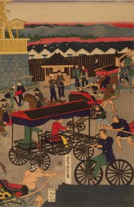 Seção de Nihonbashi florescente de Tóquio Nihonbashi de Tóquio han ei no zu Triptych de Utagawa Yoshitora