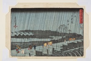 Chuva nocturna em Yoshiwara Nihondzutsumi (Yoshiwara Nihondzutsumi Yau) (impressão em bloco de madeira a cores) de Utagawa Yoshitora