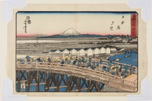 Nihonbashi: Sunset (Nihonbashi sekish?) (impressão em bloco de madeira a cores) de Utagawa Yoshitora
