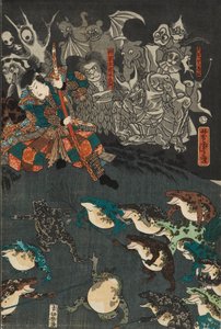Nikushi the Frog Spirit evoca uma batalha mágica de sapos em Tateyama na província de Etchu, 1864 de Utagawa Yoshitora