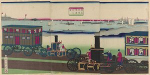Imagens de locomotivas a vapor viajando (Jokisha rikudo tsuko no zu) de Utagawa Yoshitora