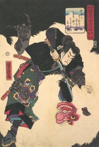 O Guerreiro Matando o Gigante Branco Hihi, 1859, 2º mês. de Utagawa Yoshitora
