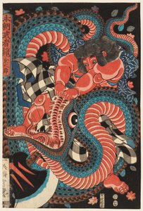 Kintarō luta com uma serpente de Utagawa Yoshituya