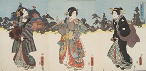 Cena de Genji monogatari (Conto de Genji) por Murasaki Shibuku (n. 978) c. 1860 (impressão em xilogravura a cores)