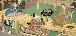 Cena de Genji monogatari (Conto de Genji) por Murasaki Shibuku (n. 978) c. 1860 (impressão em xilogravura a cores)