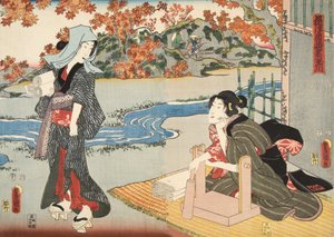 Cena de Genji monogatari (Conto de Genji) por Murasaki Shibuku (n. 978) c. 1860 (impressão em xilogravura a cores)