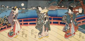 Cena de Genji monogatari (Conto de Genji) por Murasaki Shibuku (n. 978) c. 1860 (impressão em xilogravura a cores)