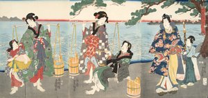 Cena de Genji monogatari (Conto de Genji) por Murasaki Shibuku (n. 978) c. 1860 (impressão em xilogravura a cores)