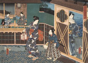 Cena de Genji monogatari (Conto de Genji) por Murasaki Shibuku (n. 978) c. 1860 (impressão em xilogravura a cores)