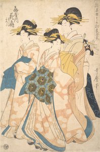 O Oiran Hanaogi de Ogiya atendido por Dois Shinzo e Seu Kamuro Yoshino, ca. 1806.