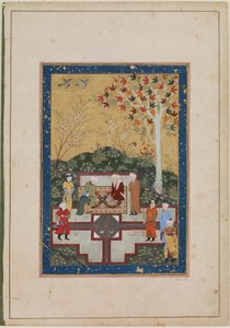Folio do álbum; reto: Uma Velha e Dois Sábios, Bukhara, Uzbequistão, período Timurid, 1510-40 (aquarela opaca, tinta e ouro sobre papel)