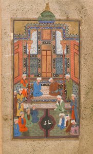Cena do palácio em um Tuhfat al-Ahrar (Dom do livre) Bukhara, Uzbequistão, período de Uzbequistão, c.1540 (aquarela opaca, tinta e ouro no papel)