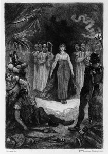 Ilustração de V.A. Poirson (1890) para o romance "Salammbo" de Gustave Flaubert, tomando como moldura a guerra mercenária na época da primeira Guerra Púnica (246-241 a.C.) entre os romanos e cartagineses.