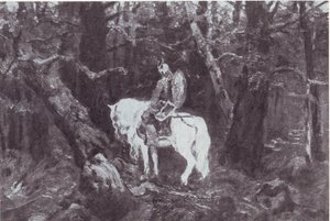 Em meditação (um cavaleiro a cavalo entra em uma floresta densa) de V.Vasnetsov
