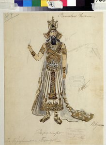 Figurinos para a ópera ""A Flauta Mágica"" de Wolfgang Amadeus Mozart (1756-1791)(Figurinista para a ópera ""die Zauberflote"" de W A Mozart). Obra de V.Bushina (início do século XIX). Aguarela, guache e ouro sobre papel de V. Bushina