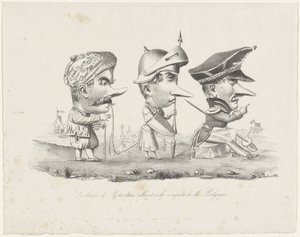 Spotprent op de Rotterdamse schutterij, 1830
Os bravos de Roterdão vão conquistar a Bélgica (título sobre o objecto) de V. Dubrulle
