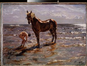 O banho do cavalo. (Jovem nu jogando água em um cavalo, outras duas figuras correm para o mar). Pintura de Valentin Alexandrovich Serov (1865-1911), óleo sobre tela