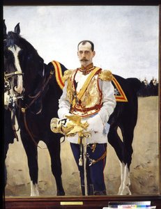 Retrato do Grão-Duque Paul Alexandrovich da Rússia (1860-1919). (Retrato do Grão-Duque Paul Alexandrovich da Rússia). No uniforme de um oficial de cavalaria do Exército Imperial da Rússia, perto do seu cavalo. Pintura de Valentin Alexandrovich Serov ( de Valentin Aleksandrovich Serov