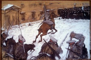 Domingo Vermelho (Domingo Sangrento) em São Petersburgo: "Repressão militar durante as manifestações de 1905 em São Petersburgo" a cavalaria do Czar Nicolau II acusa os grevistas que vieram pacificamente protestar diante do Palácio de Inverno em 22/01/1905 de Valentin Aleksandrovich Serov