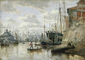 O Log Cabin no porto de Hamburgo, 1848 (óleo sobre papel a bordo)