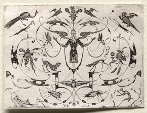 Arabesco com Pavão, Periquito, Cães e Insetos, 1626. de Valentin Sezenius