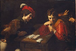 The Cardsharps, de Valentin de Boullogne (1591-1632). Óleo sobre tela, c. 1615. Dimensão: 94,5x137 cm. Coleções de Arte do Estado de Dresden