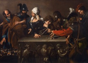A negação de São Pedro, de Valentin de Boulogne (1591-1632). Óleo sobre tela, c. 1616-1617. Dimensão: 171,5x241 cm. Fundação Roberto Longhi para o Estudo da História da Arte, Florença