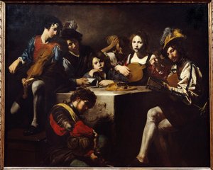 O concerto em baixo relevo. Músicos reunidos em torno de um altar esculpido. Pintura de Valentin de Boulogne (1591-1632). Dim. 1,73 X 2,14m.