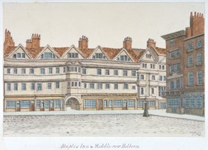 Vista do Staple Inn e dos edifícios da Middle Row no centro de Holborn, Londres, 1850.